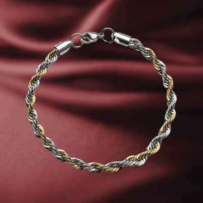 Two-Tone Rope Chain Bracelet for men made of stainless steel with silver and gold plating, featuring a twisted rope design and secure lobster clasp, elegant jewelry accessory.