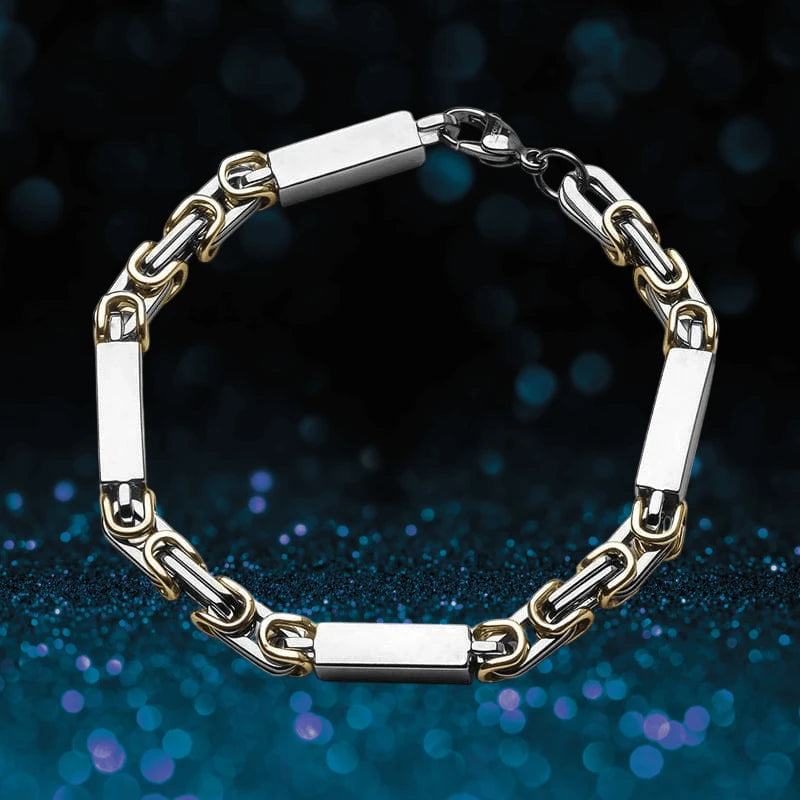 Indiana Two Tone Bracelet for men made of stainless steel featuring a stylish two-tone design with rectangular and chain links, ideal for jewelry collections.