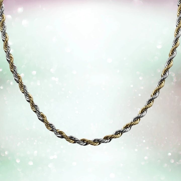 Two Tone Rope Chain Necklace for male featuring an elegant twisted design with intertwined gold and silver tones, perfect for jewelry collection.