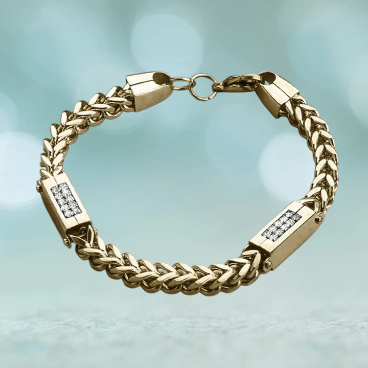 Quadrant Duo Bracelet featuring a gold-plated stainless steel chain with rectangular accents set with sparkling stones, designed for men’s jewelry collections.