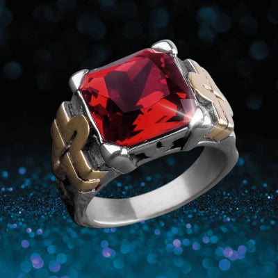 Fiesta Red Men's Ring featuring a large square red gemstone set in stainless steel with gold plating accents, a bold and stylish jewelry piece for men.