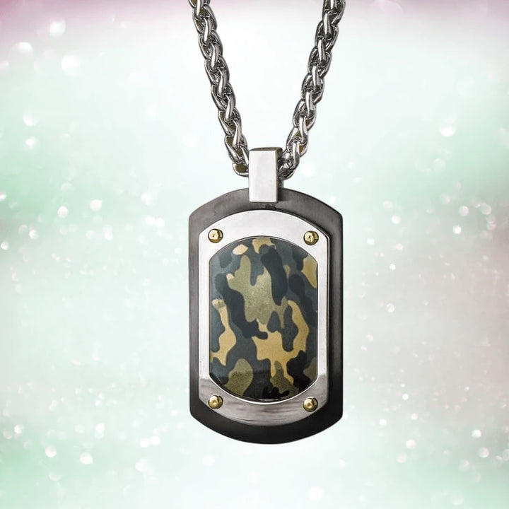 Trooper Camouflage Pendant featuring a durable stainless steel design with a masculine camo pattern, suspended on a polished chain, perfect for stylish men's jewelry.