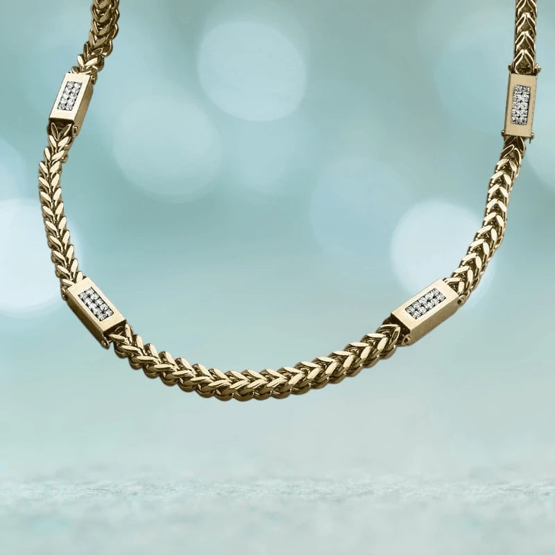 Quadrant Duo Necklace in gold plating designed for men, featuring a sleek chain embellished with rectangular accents set with small, sparkling stones for a modern jewelry statement.