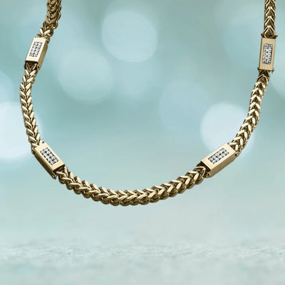 Quadrant Duo Necklace in gold plating designed for men, featuring a sleek chain embellished with rectangular accents set with small, sparkling stones for a modern jewelry statement.