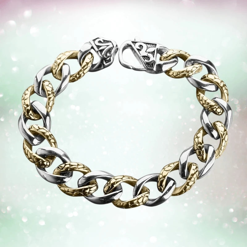 Conway Steel Bracelet featuring a two-tone stainless steel design for men, combining polished silver and textured gold links in a bold chain style bracelet.