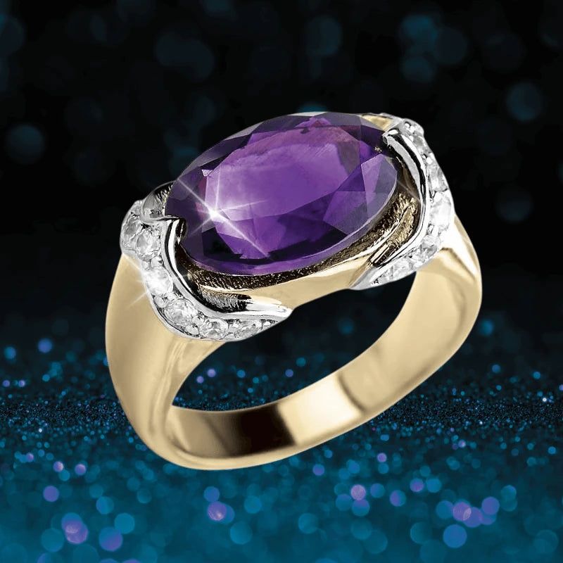 Romana Amethyst Ring featuring a large oval purple amethyst set in sterling silver with gold plating, designed for female jewelry enthusiasts.