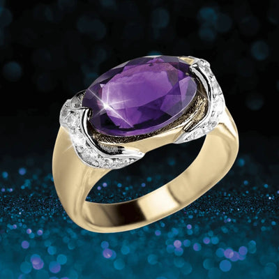 Romana Amethyst Ring featuring a large oval purple amethyst set in sterling silver with gold plating, designed for female jewelry enthusiasts.