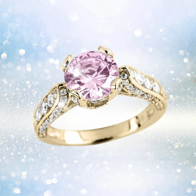 Millionaire Pink Argyle Ring featuring a sterling silver band with gold plating, showcasing a large pink gemstone center and accented with sparkling clear stones, designed for women.