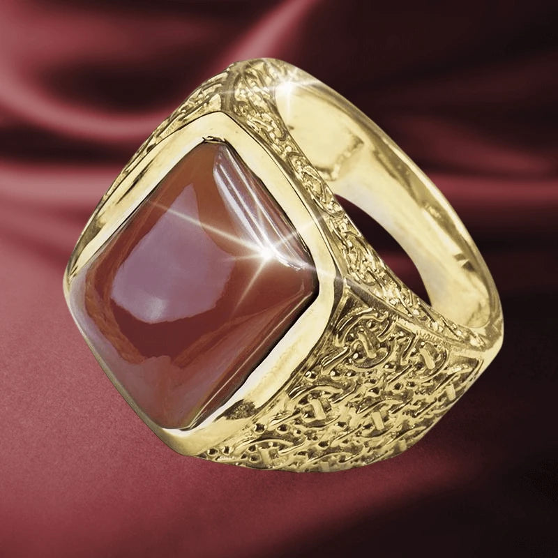 Harley Red Agate Ring featuring a polished red agate stone set in a detailed gold-plated sterling silver band designed for men’s jewelry.