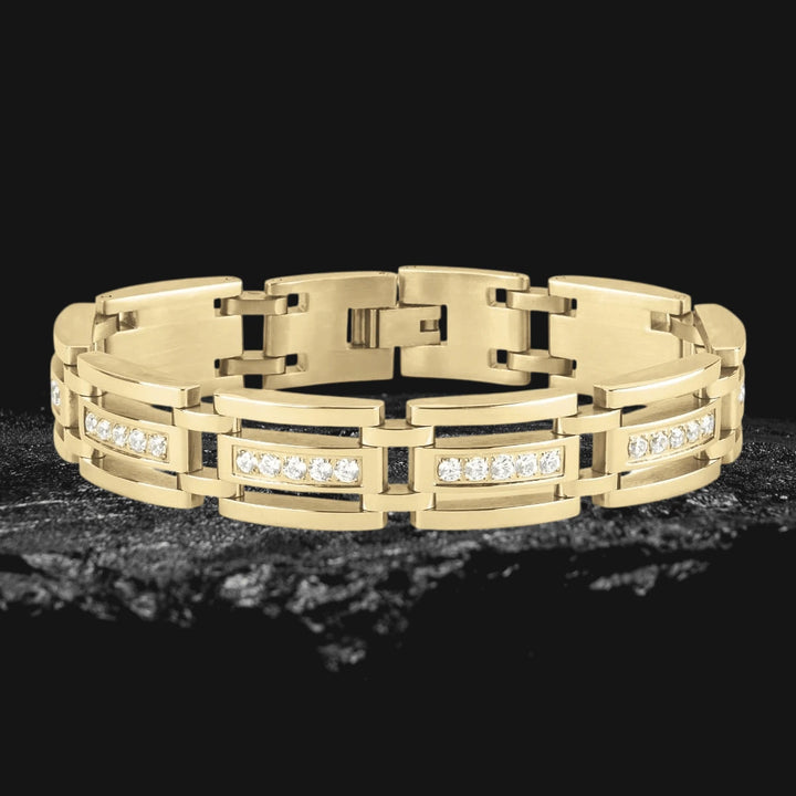 Albany Men's Bracelet crafted from gold-plated stainless steel featuring a bold link design with embedded sparkling gemstones for a sophisticated masculine look.