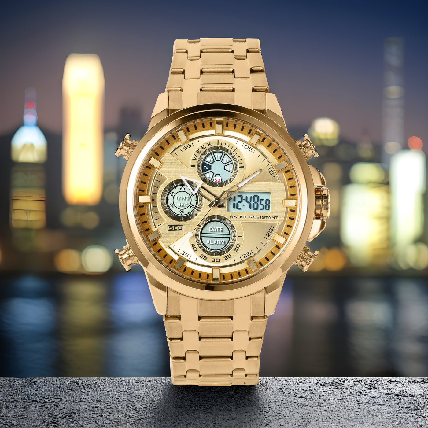 Gold watch on city background