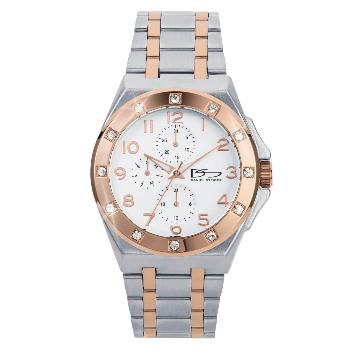 Watch with silver and rose gold band on white background