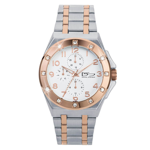 Watch with silver and rose gold band on white background
