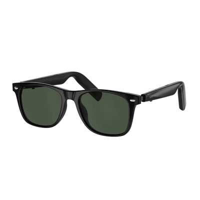 Black framed Smart Sunglasses with dark green lenses, featuring a classic square shape and a sleek, modern design suitable for everyday wear.
