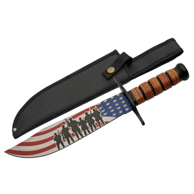 Freedom Fighter Bowie Knife featuring an American flag design on the blade with soldier silhouettes and a leather handle, accompanied by a black nylon sheath.
