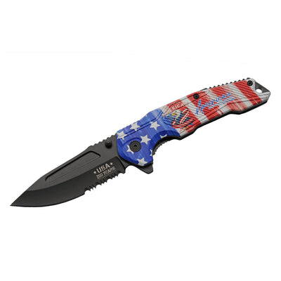 250th Anniversary Patriotic Folding Pocket Knife with black partially serrated blade and handle decorated in red, white, and blue stars and stripes design.