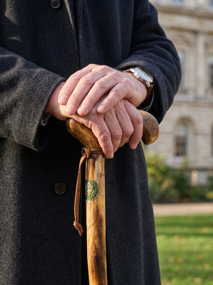 Army Veterans Walking Cane held by a person in a dark coat showing polished wood grain and a leather wrist strap Up To 75% Off Retail