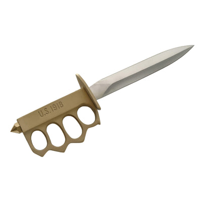Doughboy 1918 Trench Fighter Knife with a brass knuckle handle and polished pointed blade on a white background Up To 75% Off Retail