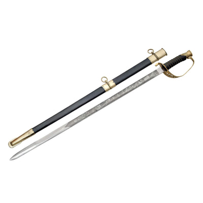 Ornate ceremonial sword with a silver blade, black sheath, gold fittings, decorative guard, and wrapped handle displayed diagonally on a white background