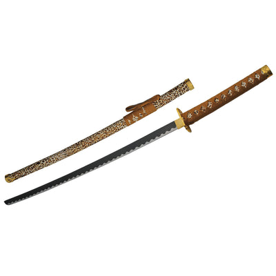 Untamed Samurai Katana Sword with ornate brown sheath and dark curved blade displayed against a white background. Up To 75% Off Retail