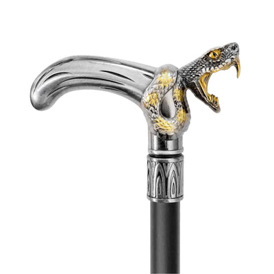 Black Fang Walking Cane featuring a detailed silver handle with a striking snake head design accented in gold tones on a sleek black shaft.