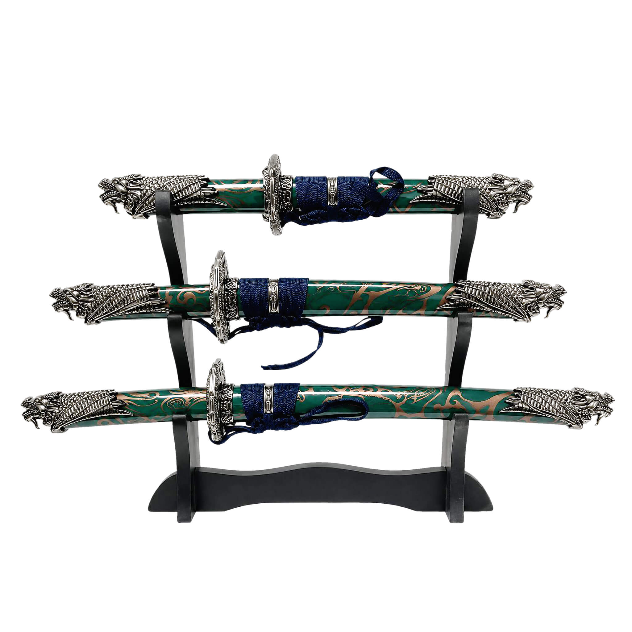 Jade Dragon Sword Set displayed on a black stand featuring intricate dragon designs and green blades with decorative handles, Up To 75% Off Retail.