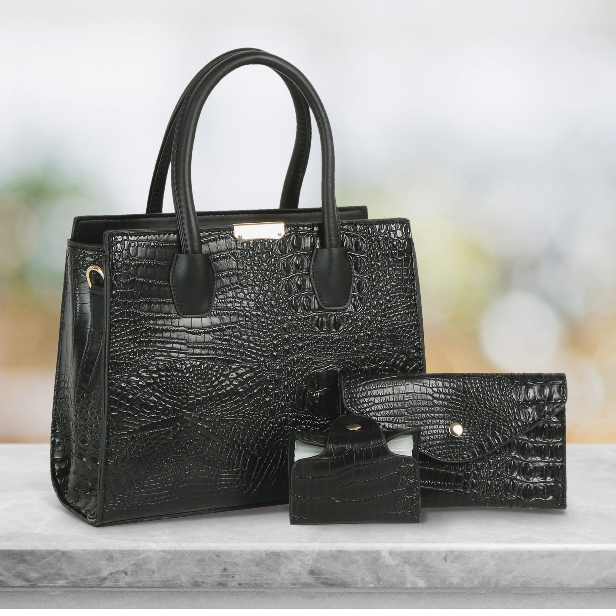 Gabriella Bag Collection featuring a black crocodile texture handbag wallet and mini purse with polished gold accents Up To 75% Off Retail