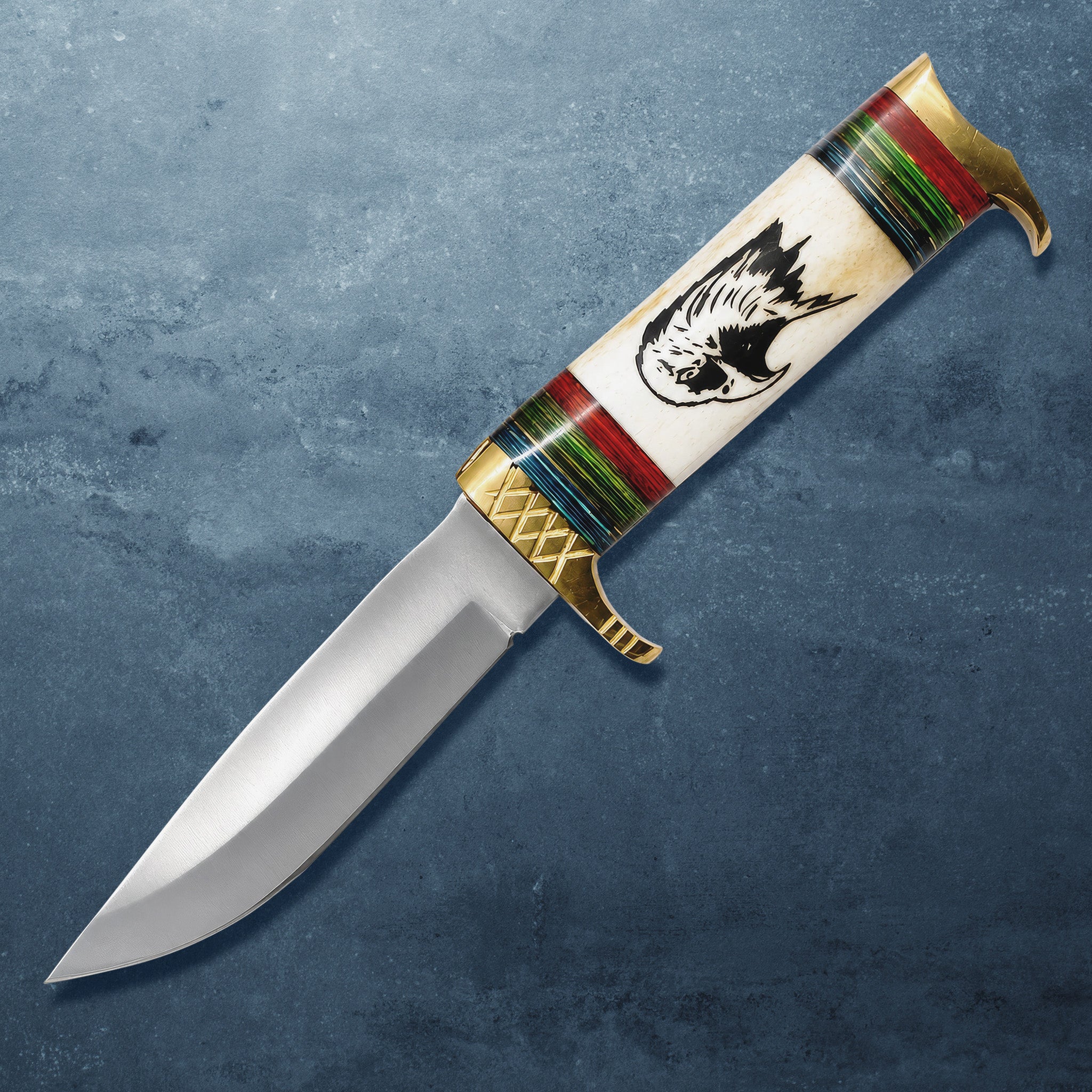 Predator Knife featuring a polished blade and ornate multicolor handle with eagle artwork on a dark textured background Up To 75% Off Retail