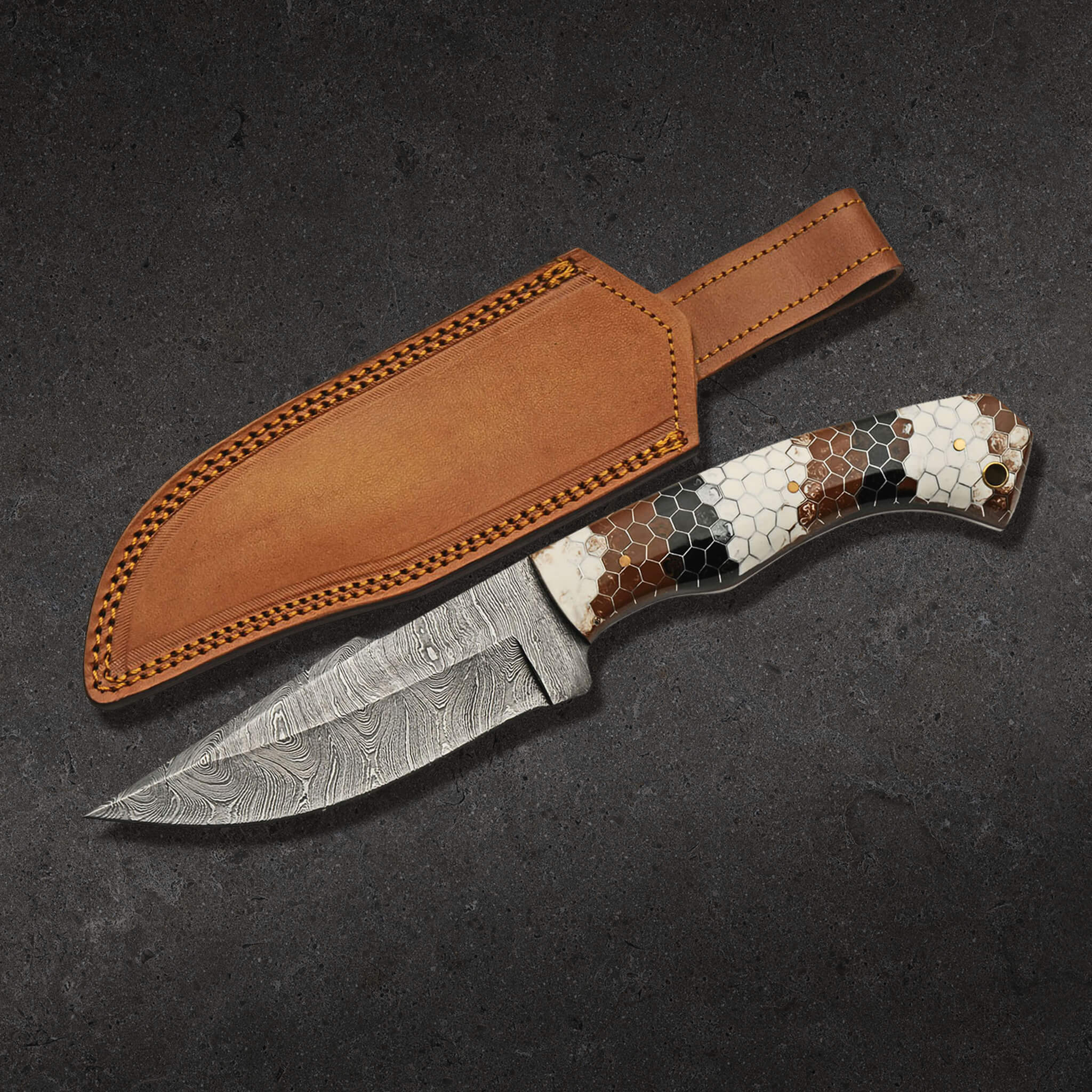 Damascus Viper Knife with patterned Damascus steel blade honeycomb handle and leather sheath Up To 75% Off Retail