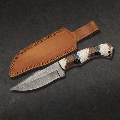 Damascus Viper Knife with patterned Damascus steel blade honeycomb handle and leather sheath Up To 75% Off Retail
