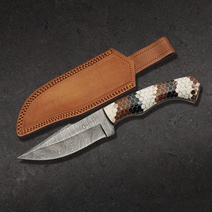 Damascus Viper Knife with patterned Damascus steel blade honeycomb handle and leather sheath Up To 75% Off Retail