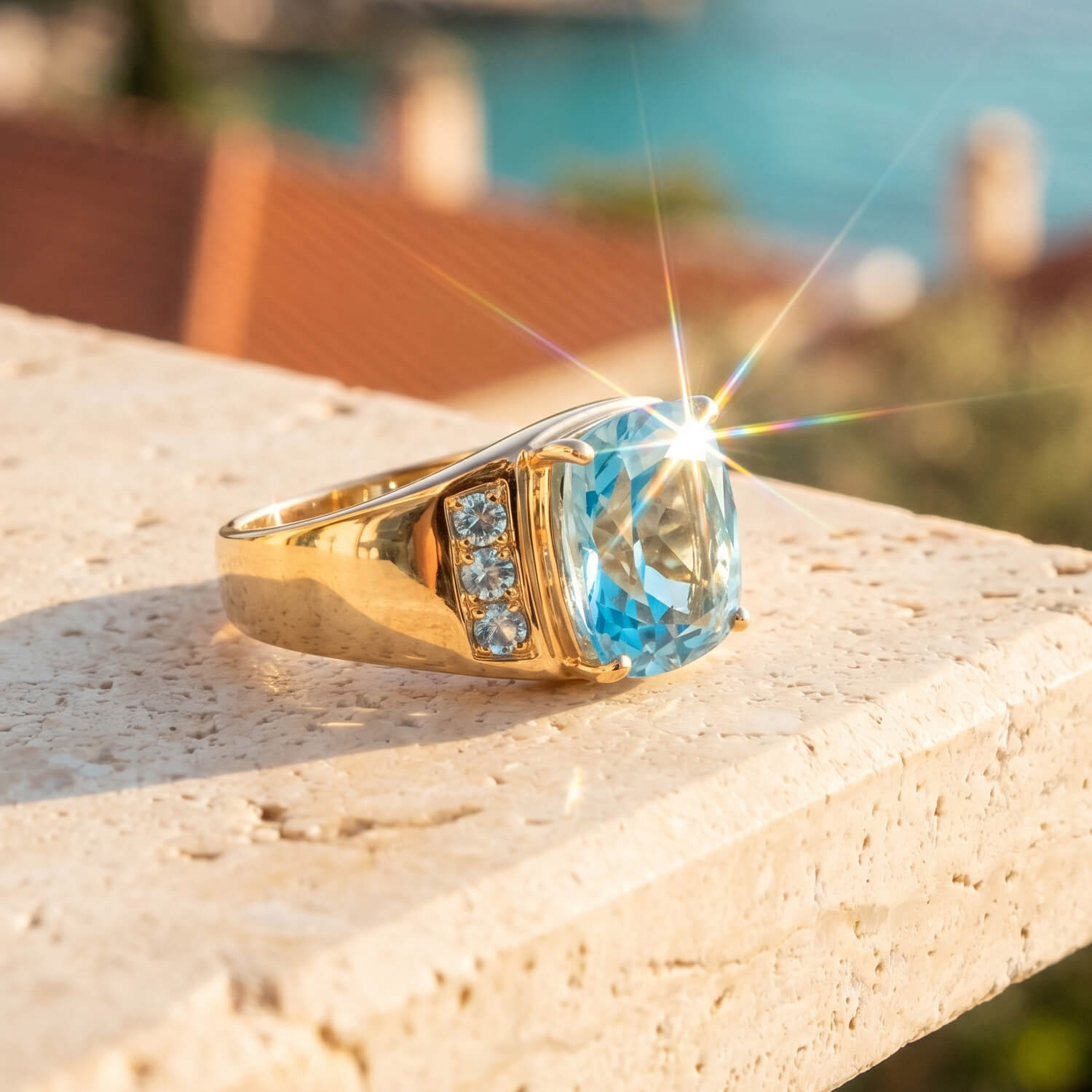 A gleaming Aegean Blue Topaz Men's Ring with a large blue topaz stone set in polished gold, accented by smaller gemstones, displayed outdoors with sunlight sparkle, Up To 75% Off Retail.