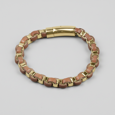 Arizona Gold Men's Bracelet featuring intertwined gold-plated stainless steel links and brown leather accents for a refined, masculine jewelry accessory.