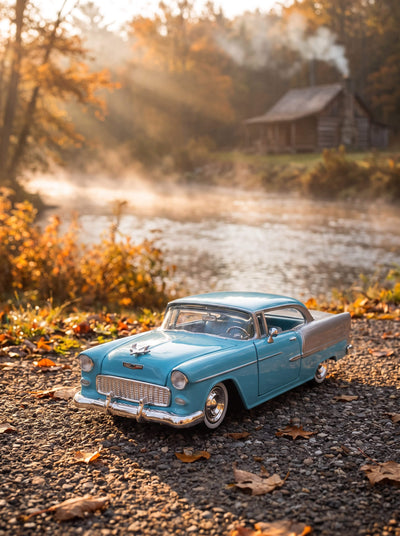 1955 Chevy Bel Air - Blue classic car model displayed beside a sunlit creek with autumn foliage and a rustic cabin in the background