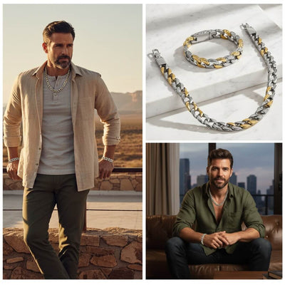 Collage of a man wearing jewelry with a close-up of the jewelry set. Curb Vine Men's Set by Daniel Steiger