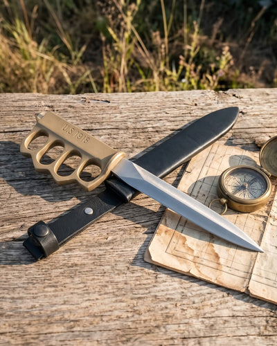 Doughboy 1918 Trench Fighter Knife with brass knuckle style guard and black sheath beside a vintage compass and map on a weathered wooden table Up To 75% Off Retail
