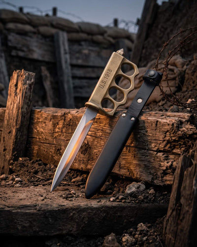Doughboy 1918 Trench Fighter Knife with brass knuckle handle and black sheath displayed in a rugged historic trench scene Up To 75% Off Retail