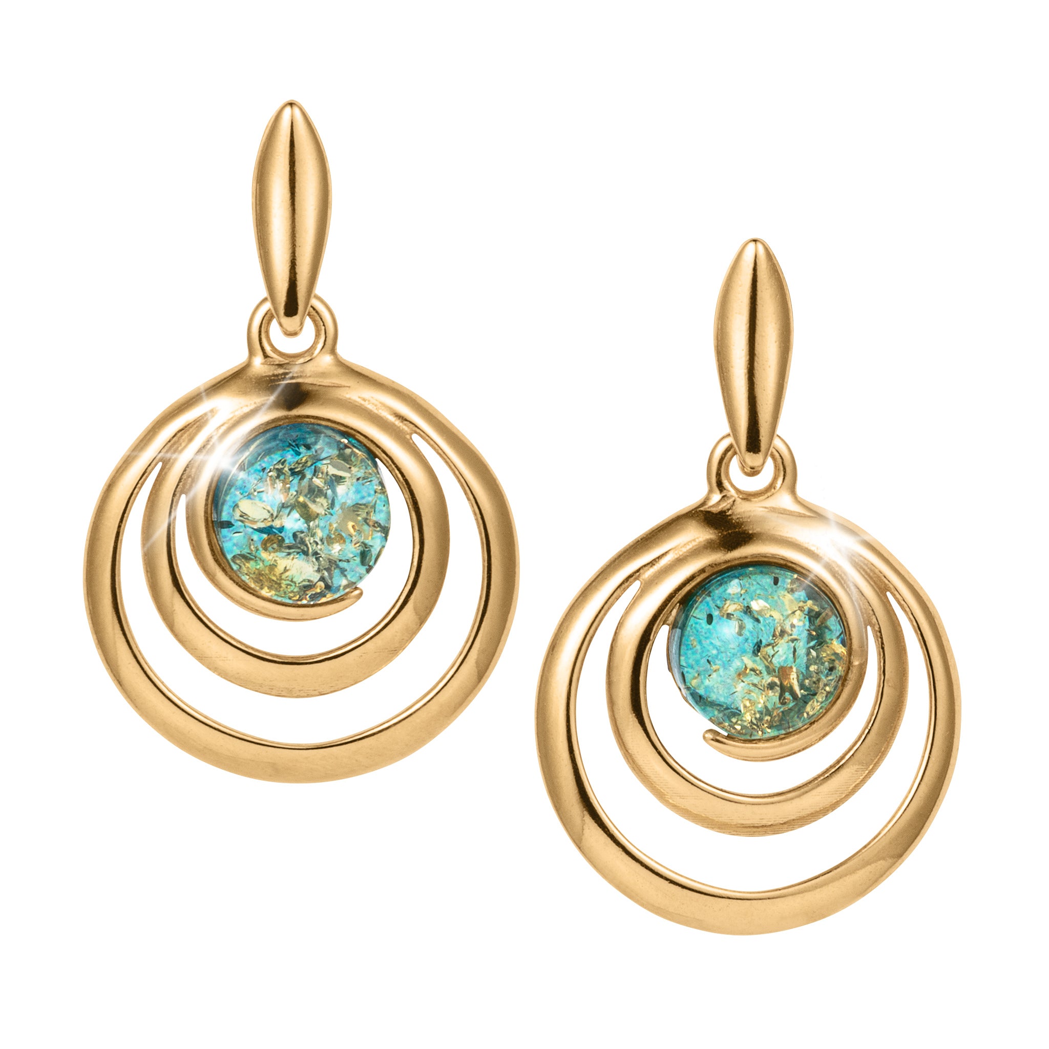 Baltic Lagoon Earrings pair in gold tone featuring concentric circular hoops and luminous turquoise blue marbled center stones as elegant statement jewelry