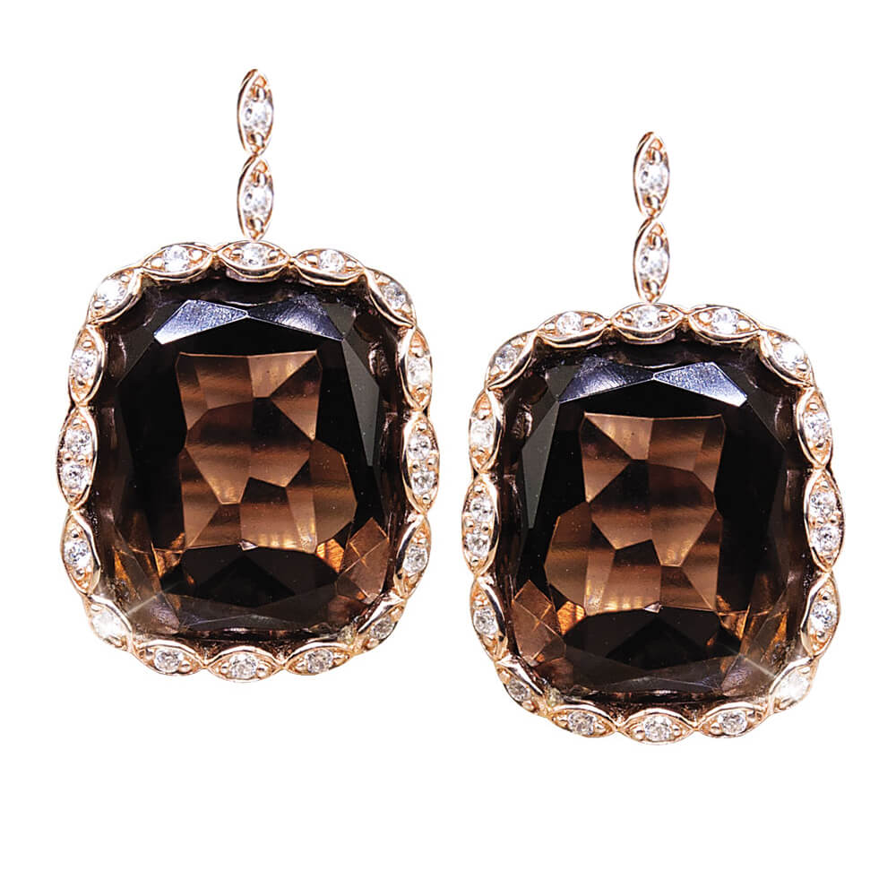 Athena Smokey Quartz Earrings featuring large faceted smokey quartz stones set in sterling silver with rose gold plating and adorned with sparkling clear gemstones, designed for women.
