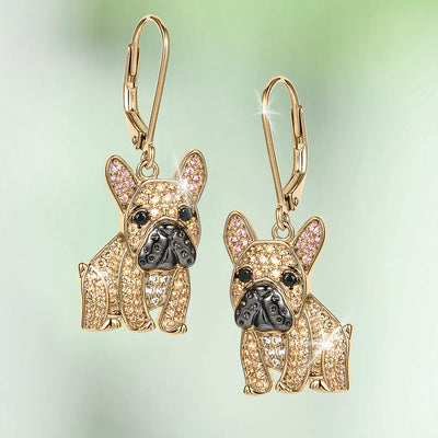 Forever Frenchie Collection featuring sparkling gold tone French bulldog drop earrings with jeweled details and up to 75% off retail