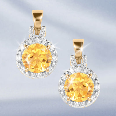 Golden Glow Citrine Earrings featuring radiant yellow citrine stones in gold tone settings with sparkling crystal halos, elegant jewelry for special occasions, Up To 75% Off Retail