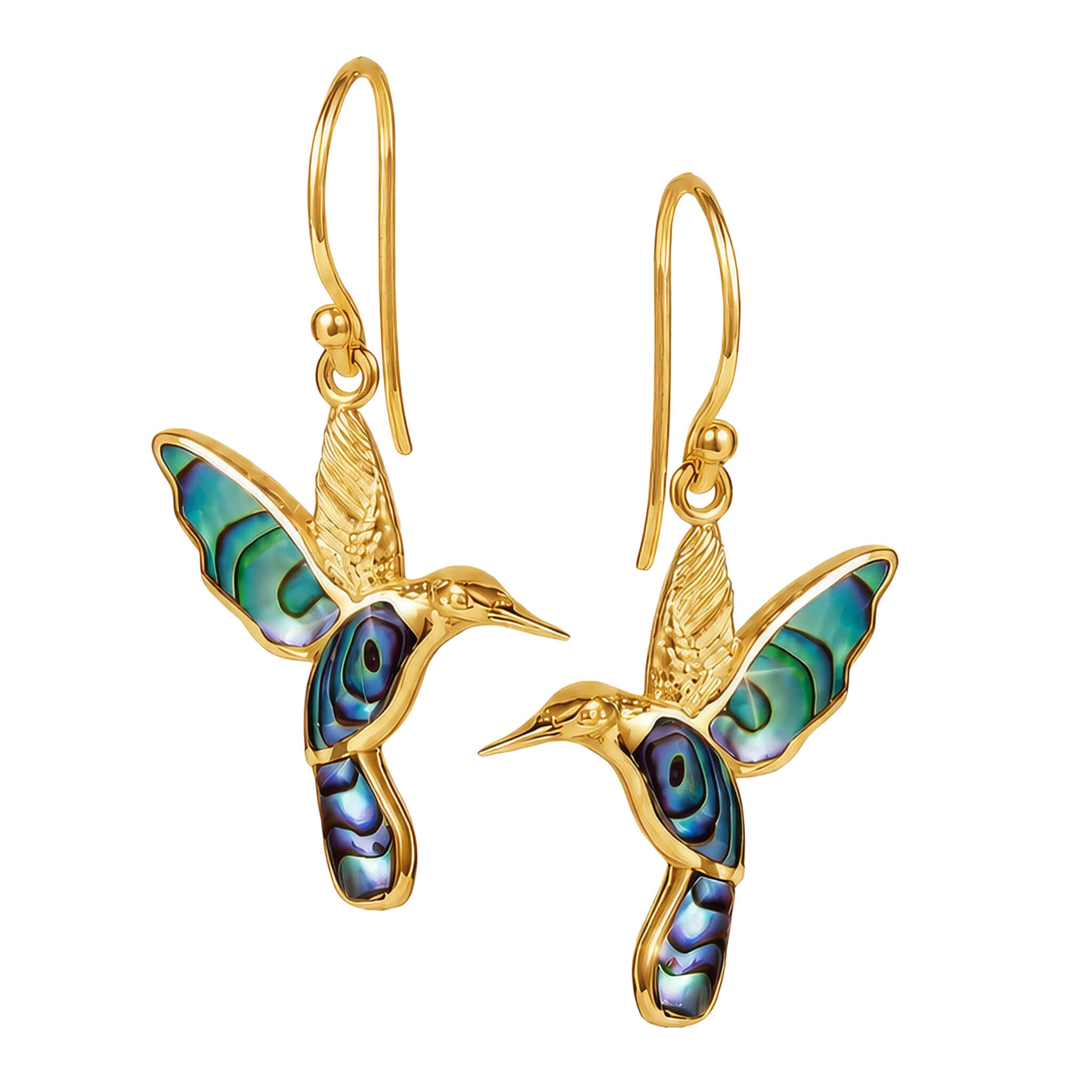 Golden Abalone Hummingbird Earrings featuring intricately detailed gold-tone hummingbirds with vibrant abalone shell inlays, showcasing unique jewelry craftsmanship.