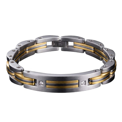 East End Diamond Bracelet featuring a modern design with silver and gold-tone links and two embedded diamonds, combining elegance and contemporary style.