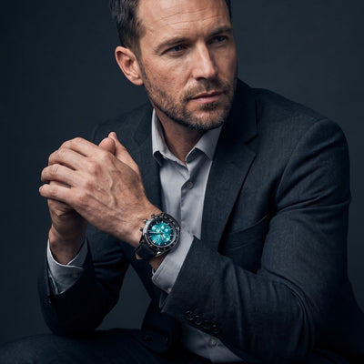 Hydrasteel Chrono Men's Watch with blue chronograph dial worn by a man in a tailored dark suit Up To 75% Off Retail