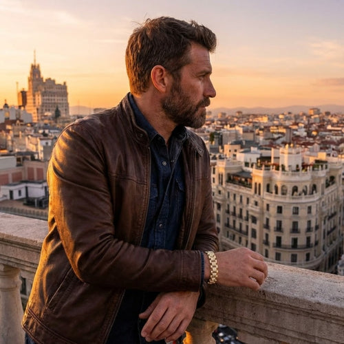 Man in a brown leather jacket overlooking a cityscape at sunset. Daniel Steiger Marcos Men&
