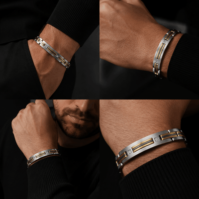 East End Diamond Bracelet featuring a sleek two-tone metal design with gold accents and a small diamond set on a modern, masculine band worn on a wrist.
