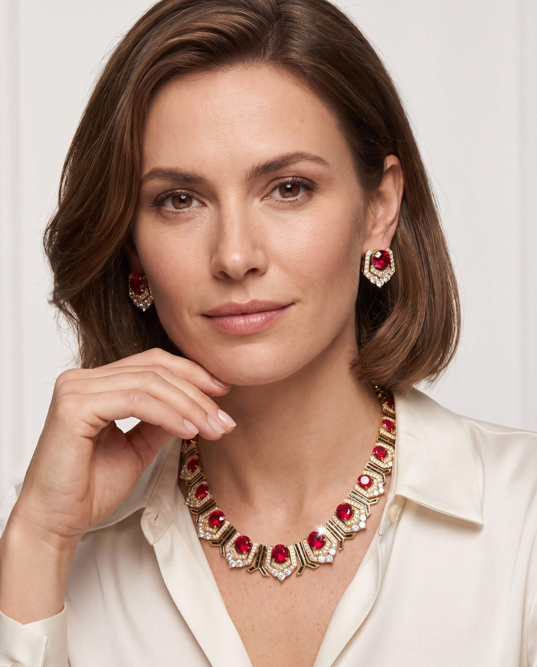 Woman wearing an elegant Scarlet Heirloom Necklace featuring red gemstones and gold accents, paired with matching earrings, promoting jewelry Up To 75% Off Retail.