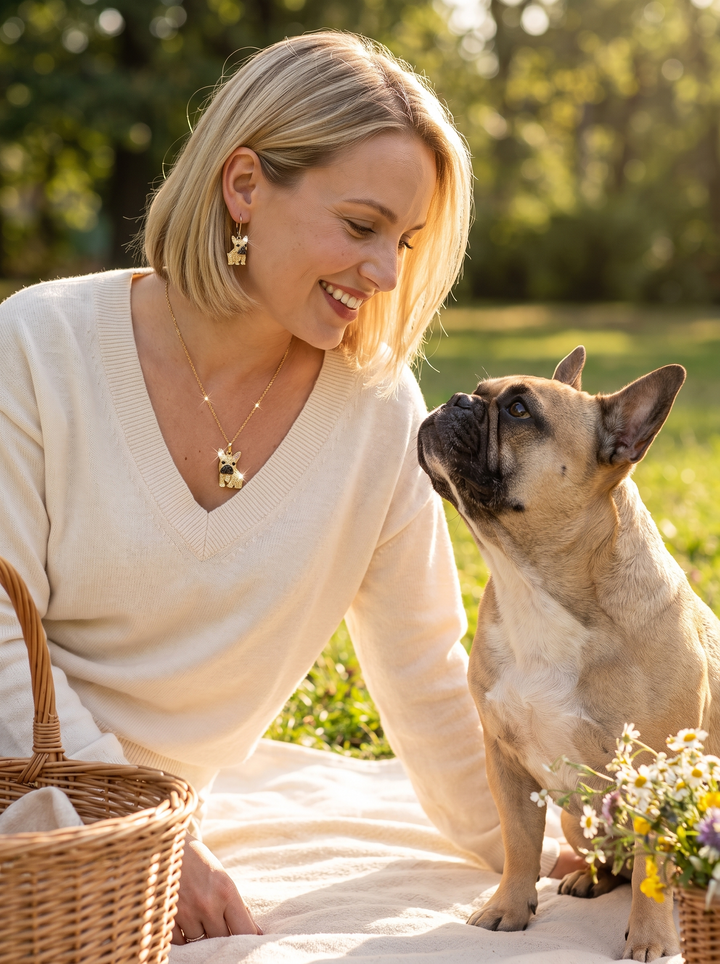 Forever Frenchie Collection featuring a smiling woman wearing dog inspired jewelry beside a French bulldog outdoors Up To 75% Off Retail