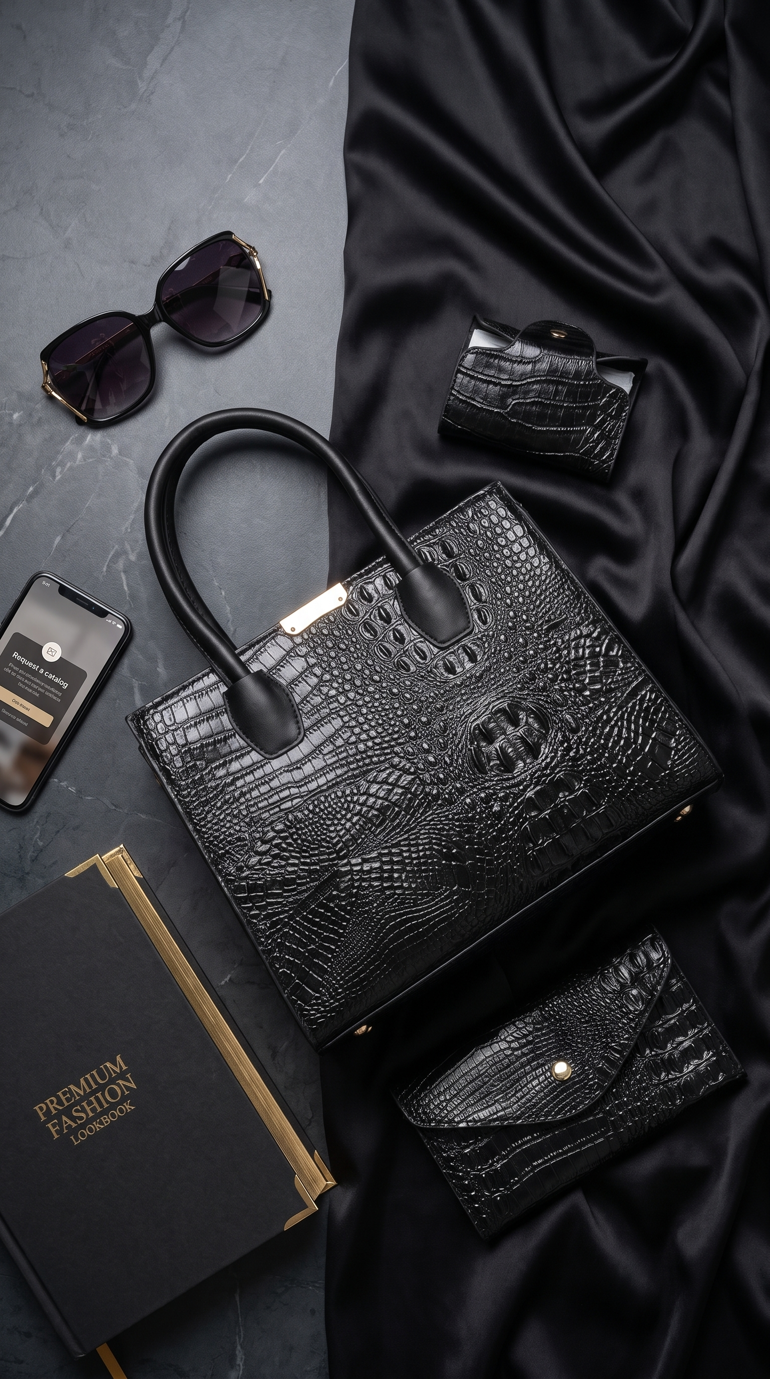 A black crocodile-embossed leather handbag with dual top handles, styled in a flat-lay arrangement with matching black accessories, sunglasses, a phone, a book, and draped black satin fabric on a dark gray surface. Gabriella Bag Collection featuring a black crocodile texture handbag wallet and mini purse with polished gold accents Up To 75% Off Retail