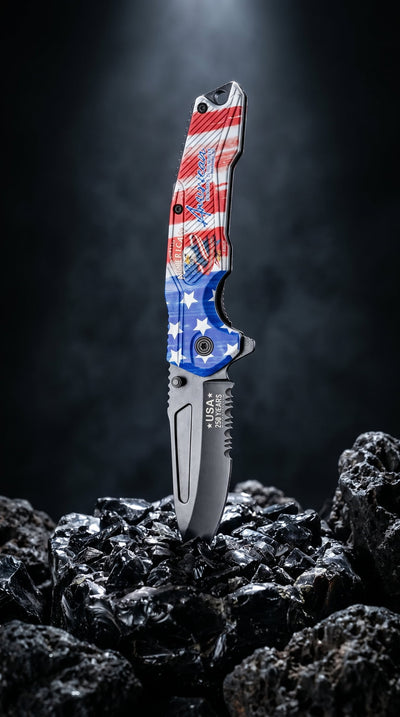 Folding knife with American flag pattern on a dark background. Daniel Steiger